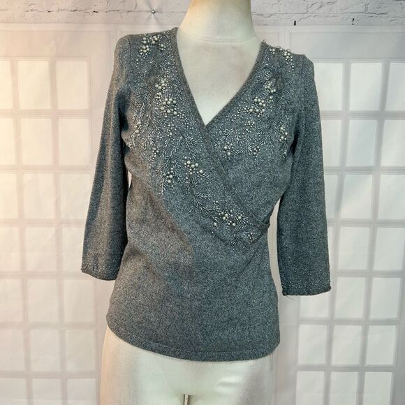 Ann Taylor Tops - Ann Taylor Grey Silver Embroidered v neck Wrap Top Blouse Size Small